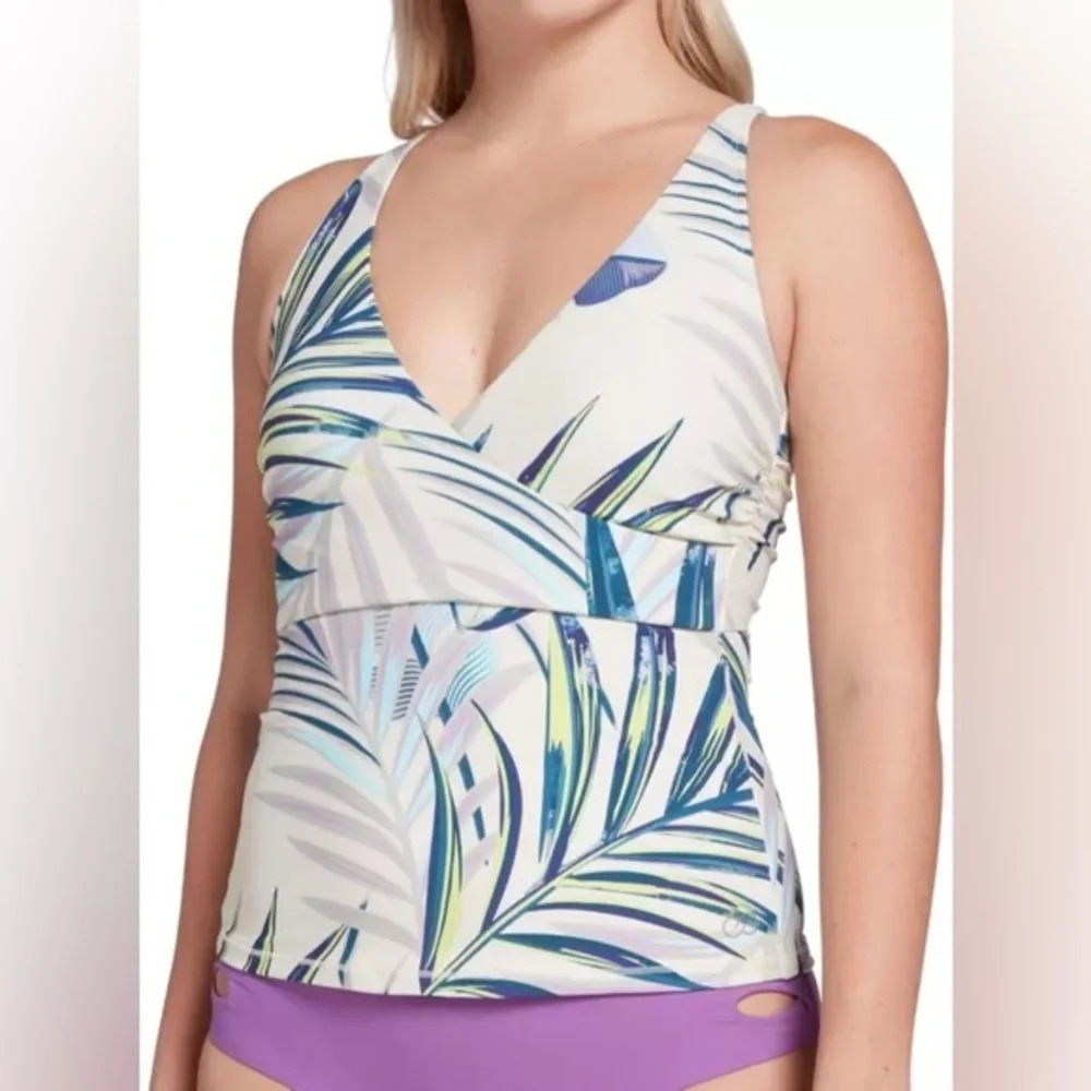 Calia By Carrie Underwood‎ Strappy Ruched Tankini Top Paradise Palm Sharp Green